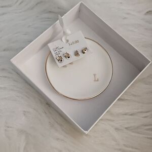 Monogram "L" Earrings and Ceramic Trinket Dish Gift Set